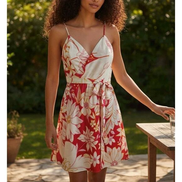 Farm Rio Floral Mini Wrap Dress Size XS Pink White Colorful Tropical Boho - Picture 1 of 10